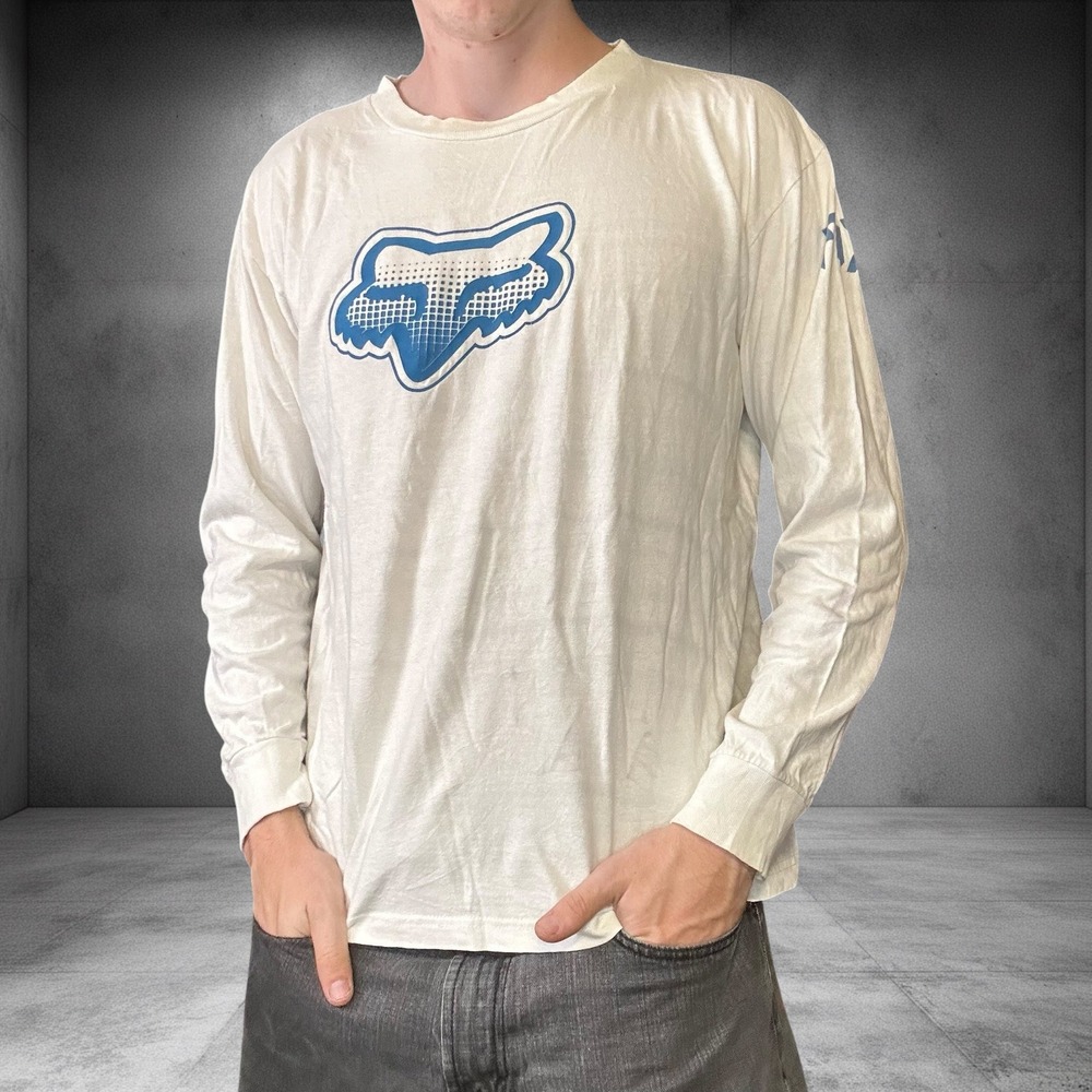Vintage Fox Racing Long Sleeve Shirt White Blue Y2K Skater Boxy Fit Mens Large
